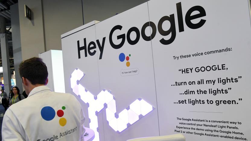 LAS VEGAS, NV - JANUARY 09:  Signage for the Google Assistant is displayed during CES 2018 at the Sands Expo and Convention Center on January 9, 2018 in Las Vegas, Nevada. CES, the world's largest annual consumer technology trade show, runs through January 12 and features about 3,900 exhibitors showing off their latest products and services to more than 170,000 attendees.  (Photo by Ethan Miller/Getty Images)