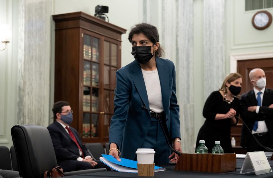 Lina Khan, nominee for Commissioner of the Federal Trade Commission (FTC), arrives to testify during a Senate Committee on Commerce, Science, and Transportation confirmation hearing on Capitol Hill in Washington, DC, U.S. April 21, 2021.  Saul Loeb/Pool via REUTERS