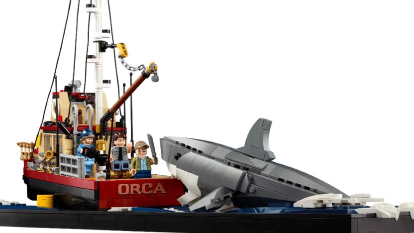 The Lego Jaws set assembled, showing the boat, shark and minifigures