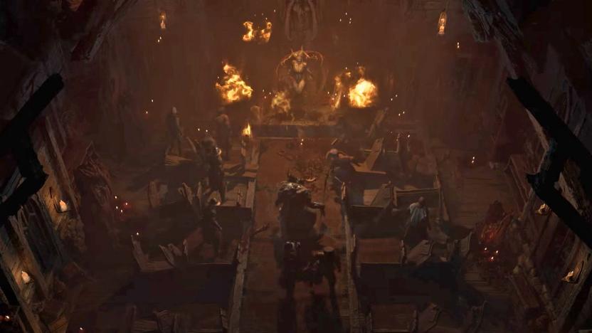 A scene from the video game 'Diablo IV' showing a church-like atmosphere seen from above with fire blazing on the alter.