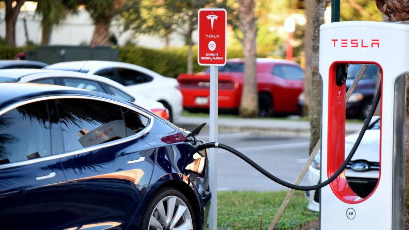 January 20, 2019 - Altamonte Springs, Florida, United States - A Tesla electric car is seen parked at a charging station in Altamonte Springs, Florida on January 20, 2019. Tesla has raised prices at its Supercharger stations, and will now set prices according to local demand and power rates. 


 (Photo by Paul Hennessy/NurPhoto via Getty Images)