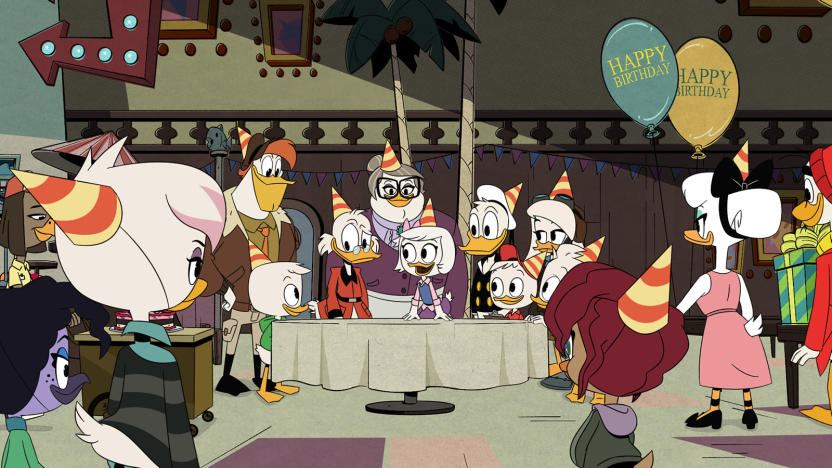 DUCKTALES – “The Last Adventure!” – The future of adventuring hangs in the balance as the Duck family uncovers earth-shattering secrets in a final standoff with the Fiendish Organization for World Larceny (F.O.W.L.). Returning guest voices include Lin-Manuel Miranda, Giancarlo Esposito, Julie Bowen, Jaime Camil, Jameela Jamil, Catherine Tate, Stephanie Beatriz, Paul F. Tompkins, Jim Rash, Margo Martindale, Jason Mantzoukas, John Hodgman, Retta, Kimiko Glenn, Libe Barer, Jaleel White and Amy Sedaris. Nol Wells and Riki Lindhome guest star as sisters, June and May, respectively. (Disney)
VIOLET, LENO, LAUNCHPAD, LOUIE, SCROOGE, MRS. BEAKLEY, WEBBY, DONALD, HUEY, DELLA, DEWEY, GOSALYN, DAISY, FETHRY