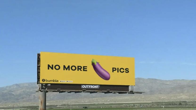 Photo of an advertisement from Bumble that states "No more [eggplant emoji] pics." 