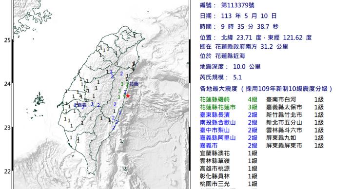 花蓮近海5分鐘連3震 最大規模5.1