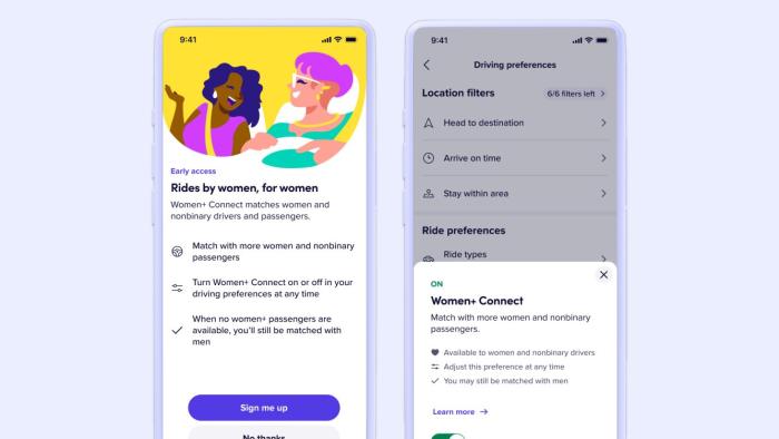 Screenshots of Lyft's Women+ Connect feature, which allows women and nonbinary riders and drivers to indicate a preference to match with women and nonbinary riders and drivers more often.