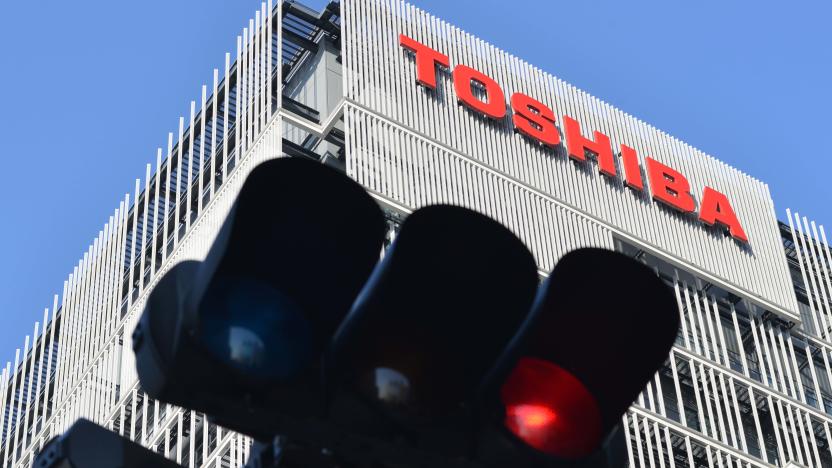 The logo of Toshiba Corp. is seen at the company's facility in Kawasaki, south of Tokyo, Japan February 28, 2017. Toshiba Corp. faces longer screening over fate of securities alert. (Photo by Hitoshi Yamada/NurPhoto via Getty Images)