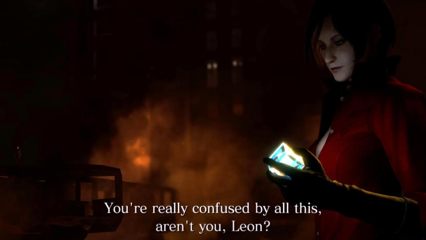 A still from RE6 that shows a woman saying "You're really confused by all this, aren't you, Leon?"