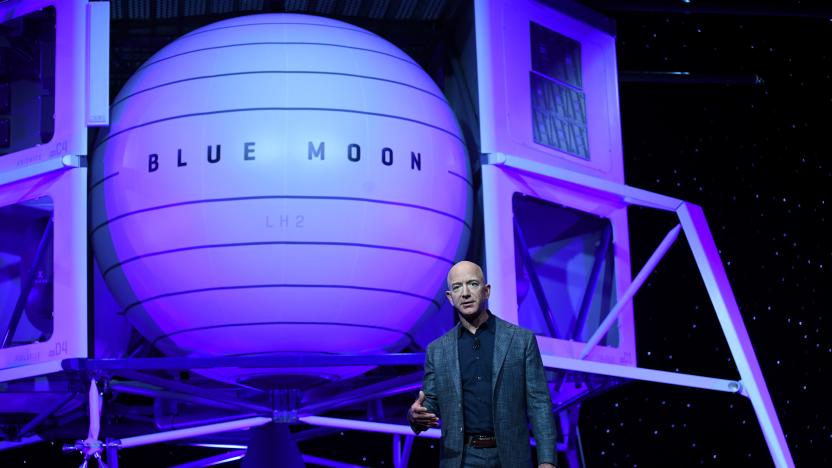 Founder, Chairman, CEO and President of Amazon Jeff Bezos unveils his space company Blue Origin's space exploration lunar lander rocket called Blue Moon during an unveiling event in Washington, U.S., May 9, 2019. REUTERS/Clodagh Kilcoyne