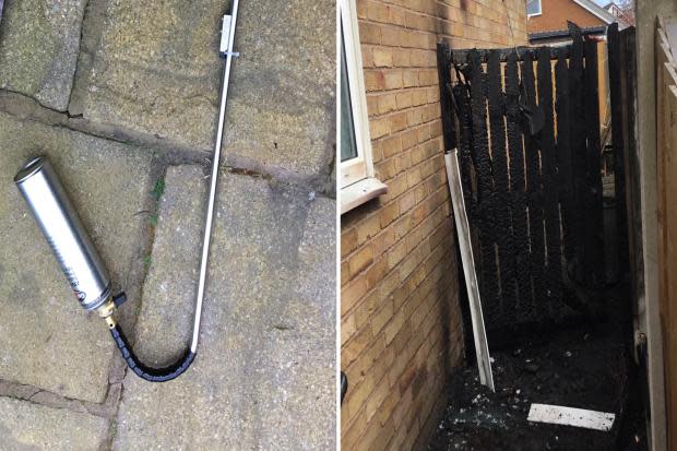 Vorsicht geboten, nachdem das Tor von einem unvorsichtigen Gärtner mit einem Gas-Unkrautbrenner in Brand gesetzt wurde
