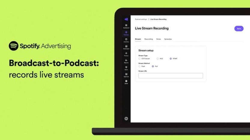 Graphic with text reading "Spotify Advertising. Broadcast-to-Podcast: records live streams." An image of a laptop displaying a webpage titles "Live Stream Recording" is also shown.