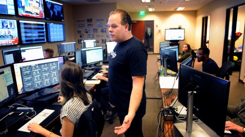 LAS VEGAS, NV - JUNE 19:  Banjo founder Damien Patton talks with employees at the Innevation Center on June 19, 2015 in Las Vegas, Nevada. (Wally Skalij/Los Angles Times)