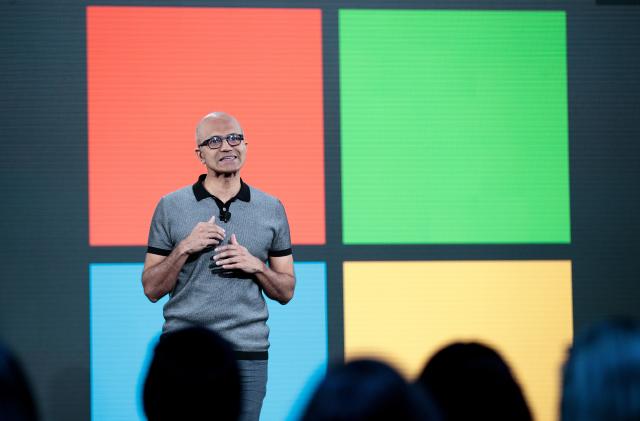 NEW YORK, NY - MAY 2: Satya Nadella, chief executive officer of Microsoft, speaks during a Microsoft launch event to introduce the new Microsoft Surface laptop and Windows 10 S operating system, May 2, 2017 in New York City. The Windows 10 S operating system is geared toward the education market and is Microsoft's answer to Google's Chrome OS. (Photo by Drew Angerer/Getty Images)