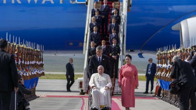 Pope Francis lands in Ulaanbaatar at start of historic visit to Mongolia