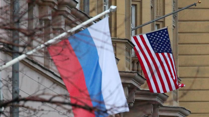 MOSCOW, RUSSIA  APRIL 21, 2021: Flags of Russia and the United Sates in Novinsky Boulevard in central Moscow. Seen behind is the US embassy.  Vladimir Gerdo/TASS (Photo by Vladimir Gerdo\TASS via Getty Images)