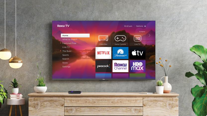 Roku TV mounted on a wall in a living room