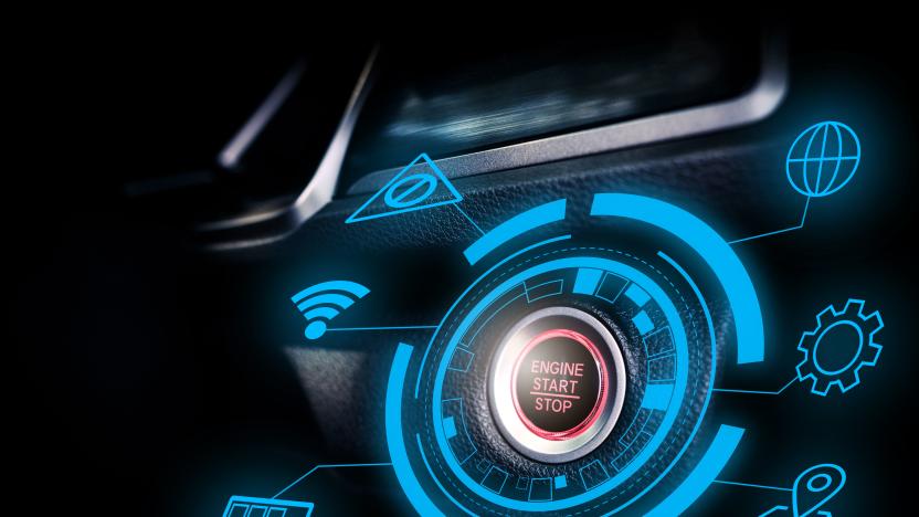 Engine start stop buttom of futuristic autonomous smart car with technology display