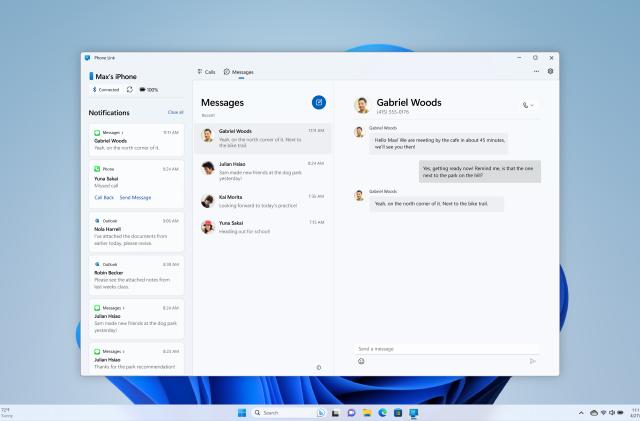 Screenshot of a Windows 11 desktop with the Phone Link app showing iPhone messages.