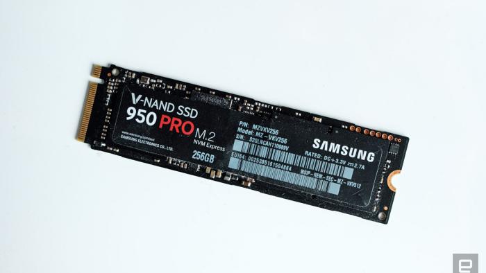 The Samsung 950 Pro NVMe V-Nand SSD seen photographed against a white background.