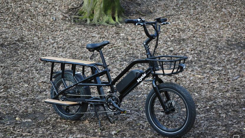 The Mycle Cargo bike parked on its kickstand in the woods where the ground is covered in dead leaves.