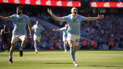 Associated Press - Manchester City's Phil Foden, right, celebrates after scoring his side's opening goal during the English Premier League soccer match between Manchester City and West Ham United at the Etihad Stadium in Manchester, England, Sunday, May 19, 2024. (AP Photo/Dave Thompson)