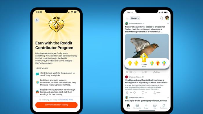 Two smartphones with screens displaying Reddit’s new changes. On the left, the landing page to sign up for the Reddit Contributor Program. On the right, the new gold menu that pop-ups when long-pressing on the upvote icon.