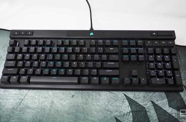 The Corsair K70 RGB Pro keyboard seen sitting on top of of a mouse pad.
