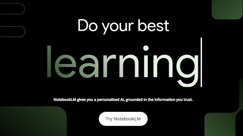 Text reads "Do your best learning. NotebookLM gives you a personalized AI, grounded in the information you trust. Try NotebookLM."