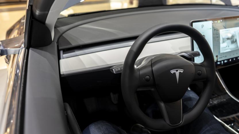 TIANJIN, CHINA - 2020/02/09: Driver's cab of a Tesla Model 3 car.   On the weekends, Tesla cars are exhibited in a shopping mall, open to the shoppers to have a fresh trial experience. (Photo by Zhang Peng/LightRocket via Getty Images)