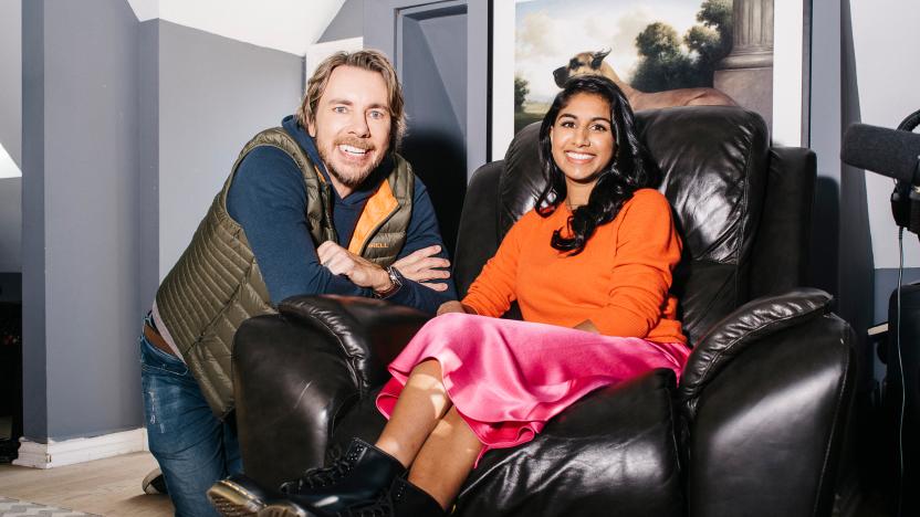 Dax Shepard and Monica Padman seen next to each other, with Monica in an armchair.