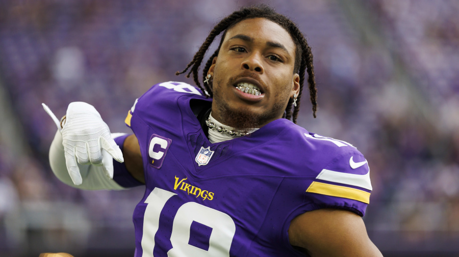 Getty Images - MINNEAPOLIS, MINNESOTA - SEPTEMBER 24: Justin Jefferson #18 of the Minnesota Vikings looks on during pregame warmups prior to an NFL football game against the Los Angeles Chargers at U.S. Bank Stadium on September 24, 2023 in Minneapolis, Minnesota. (Photo by Ryan Kang/Getty Images)