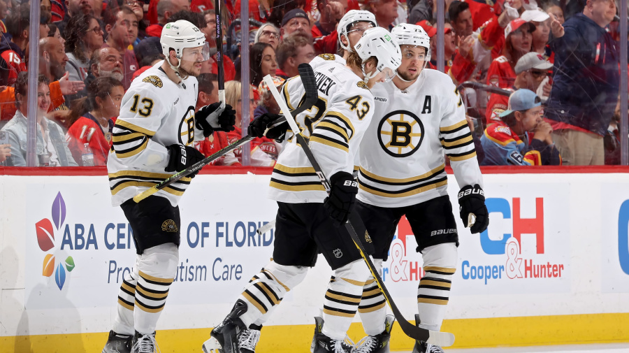 Getty Images - SUNRISE, FLORIDA - MAY 14: Charlie McAvoy #73 of the Boston Bruins celebrates with teammates after a goal during the second period against the Florida Panthers in Game Five of the Second Round of the 2024 Stanley Cup Playoffs at Amerant Bank Arena on May 14, 2024 in Sunrise, Florida. (Photo by Joel Auerbach/Getty Images)