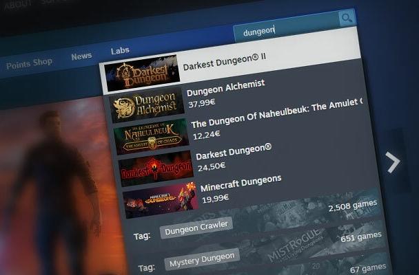 Steam search results, including suggestions for the "dungeon crawler" and "mystery dungeon" tags based on a search for "dungeon"
