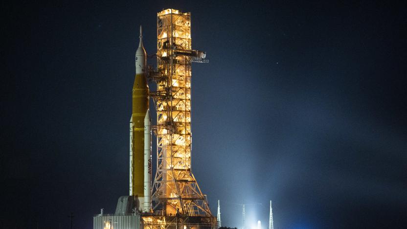 CAPE CANAVERAL, FL - NOVEMBER 3: In this handout photo provided by NASA, NASA's Space Launch System (SLS) rocket with the Orion spacecraft aboard is seen atop the mobile launcher as it rolls out of the Vehicle Assembly Building to Launch Pad 39B at NASAs Kennedy Space Center on November 3, 2022 in Cape Canaveral, Florida. NASA's Artemis I mission is the first integrated test of the agency's deep space exploration systems: the Orion spacecraft, SLS rocket, and supporting ground systems. Launch of the uncrewed flight test is targeted for November 14 at 12:07 a.m. EST. (Photo by Joel Kowsky/NASA via Getty Images)