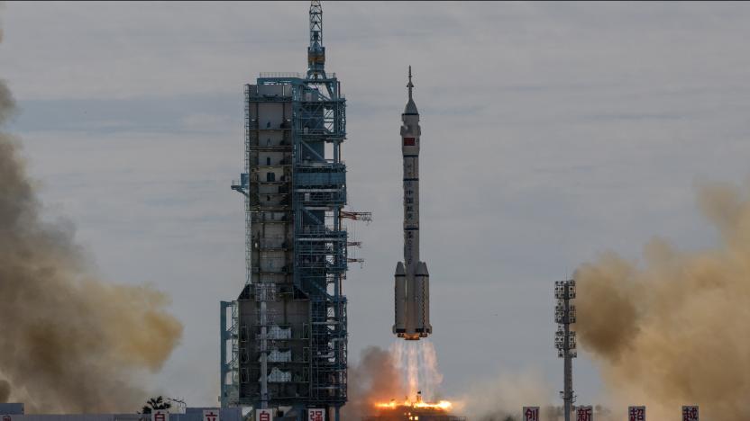 JIUQUAN, CHINA - JUNE 17: The manned Shenzhou-12 spacecraft from China's Manned Space Agency onboard the Long March-2F rocket launches with three Chinese astronauts onboard at the Jiuquan Satellite Launch Center on June 17, 2021 in Jiuquan, Gansu province, China. The crew of the Shenzhou-12 spacecraft will be carried on the Long March-2F rocket launched to the space station China is building from the Gobi Desert marking the country's first manned mission in nearly five years. (Photo by Kevin Frayer/Getty Images)