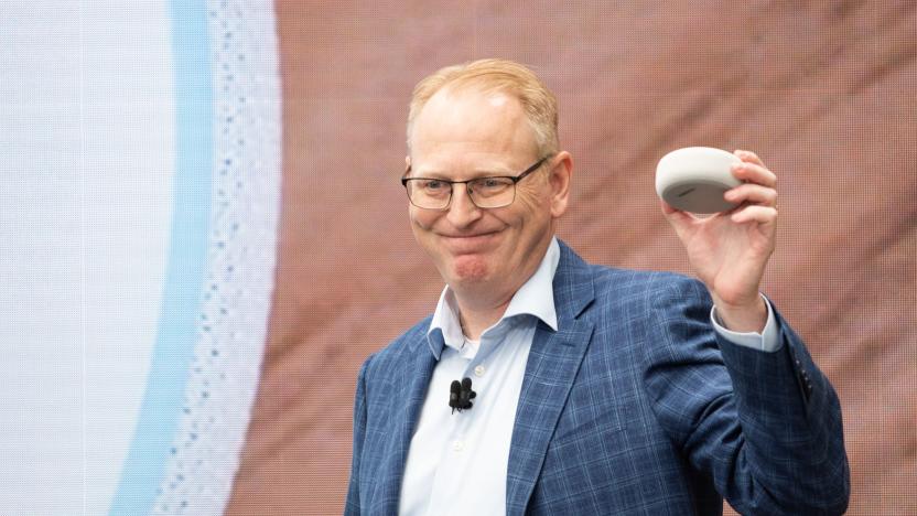 Dave Limp, senior vice president of Amazon devices, announces the new Echo Dot at The Spheres in Seattle on September 20, 2018. - Amazon weaves its Alexa digital assistant into more services and devices as it unveiles new products powered by artificial intelligence including a smart microwave and dash-mounted car gadget. (Photo by Grant HINDSLEY / AFP)        (Photo credit should read GRANT HINDSLEY/AFP via Getty Images)