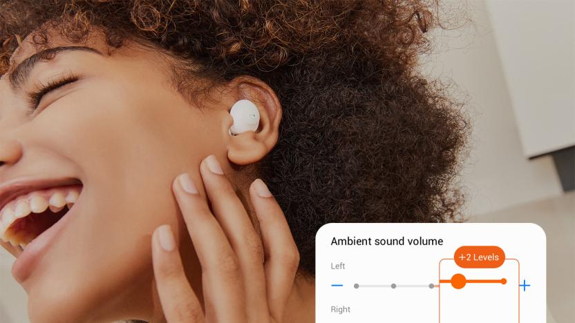 A photo of a person wearing Samsung Galaxy Buds 2 Pro in white with a screenshot of the company's enhanced ambient sound volume controls.