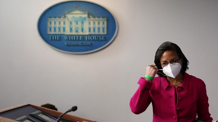 Domestic Policy Advisor Susan Rice arrives to speak during the daily briefing in the Brady Briefing Room of the White House in Washington, DC on January 26, 2021. (Photo by MANDEL NGAN / AFP) (Photo by MANDEL NGAN/AFP via Getty Images)