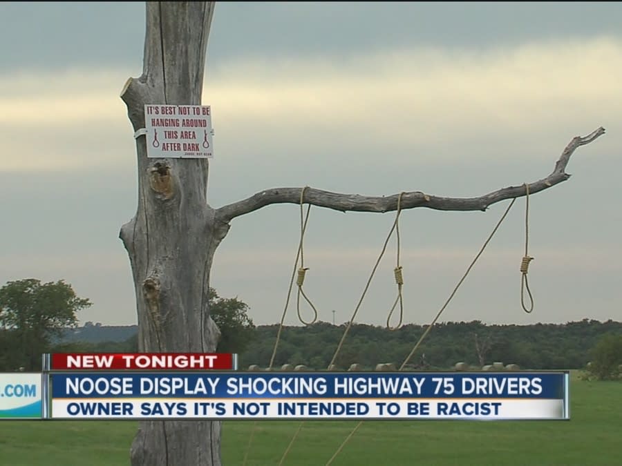Noose display alongside Highway 75 near Mounds, Oklahoma in Okmulgee County