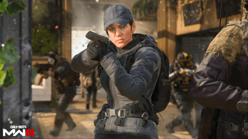A computer graphic illustration of a person holding a gun. In the background are other people wearing tactical gear.
