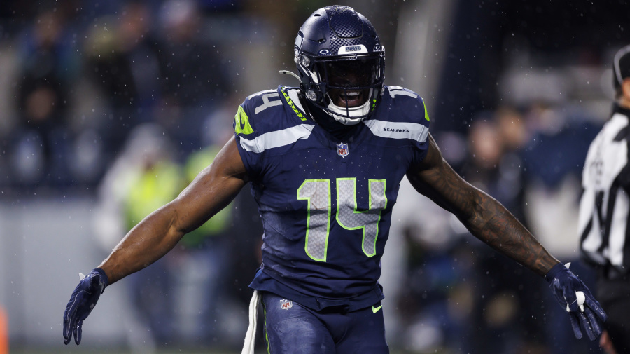 Getty Images - SEATTLE, WASHINGTON - DECEMBER 18: DK Metcalf #14 of the Seattle Seahawks celebrates after the team scored a touchdown against the Philadelphia Eagles at Lumen Field on December 18, 2023 in Seattle, Washington. (Photo by Ryan Kang/Getty Images)