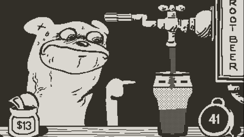 A still from the Playdate game Root Bear showing an anxious looking bear watching soda be poured into a glass from a tap