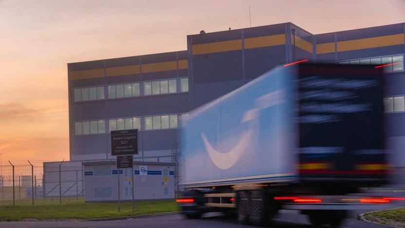 Szczecin,Poland-September 2020:Truck trailer with Logo Amazon Prime entering the Amazon logistics center