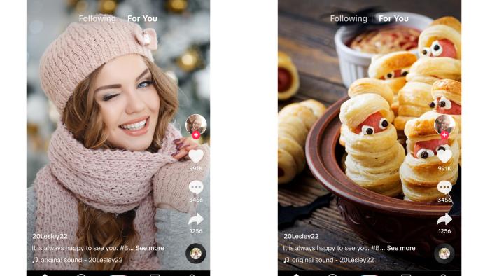 Collage of two TikTok Lite screenshots side-by-side. On the left, a person wearing fashionable winter gear winks at the camera. On the right, pastries designed to look like little Muppets.