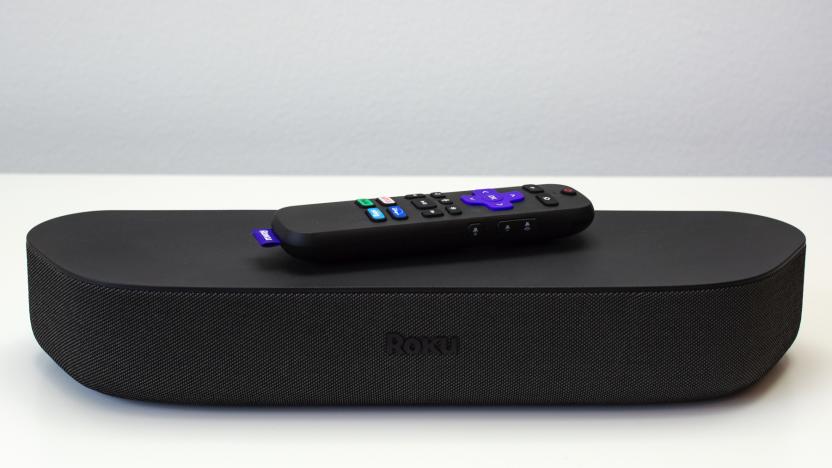 Roku Streambar soundbar on a white table.