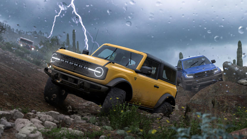 Forza Horizon 5 promo image with Broncos navigating rough terrain.