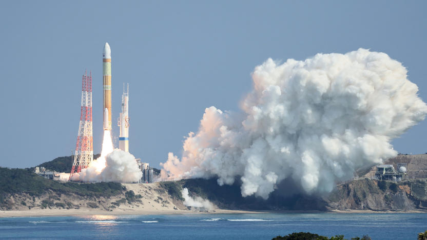 Japan's next generation "H3" rocket, carrying the advanced optical satellite "Daichi 3", leaves the launch pad at the Tanegashima Space Center in Kagoshima, southwestern Japan on March 7, 2023. - Japan's next-generation H3 rocket failed after liftoff on March 7, with the space agency issuing a destruct command after concluding the mission could not succeed. (Photo by JIJI Press / AFP) / Japan OUT (Photo by STR/JIJI Press/AFP via Getty Images)