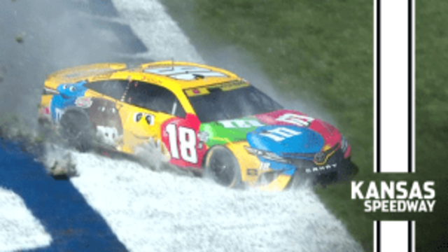 Kyle Busch loses a tire, spins through the grass at Kansas Speedway