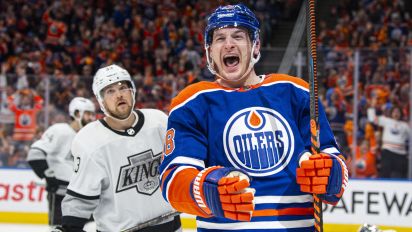 Getty Images - EDMONTON, ALBERTA - APRIL 22: Zach Hyman #18 of the Edmonton Oilers celebrates his goal against the Los Angeles Kings during the second period in Game One of the First Round of the 2024 Stanley Cup Playoffs at Rogers Place on April 22, 2024 in Edmonton, Alberta, Canada. (Photo by Paul Swanson/NHLI via Getty Images)