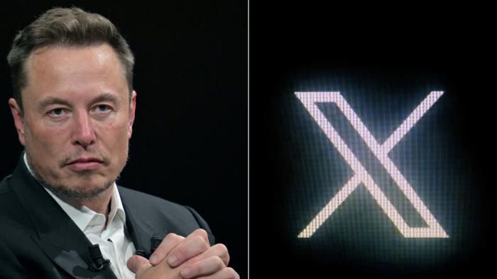 (COMBO) This combination of pictures created on October 10, 2023, shows (L)
SpaceX, Twitter and electric car maker Tesla CEO Elon Musk during his visit at the Vivatech technology startups and innovation fair at the Porte de Versailles exhibition center in Paris, on June 16, 2023 and (R) the new Twitter logo rebranded as X, pictured on a screen in Paris on July 24, 2023.. The EU's digital chief Thierry Breton warned Elon Musk on October 10, 2023, that his platform X, formerly Twitter, is spreading "illegal content and disinformation", in a letter seen by AFP. (Photo by Alain JOCARD / AFP) (Photo by ALAIN JOCARD/AFP via Getty Images)