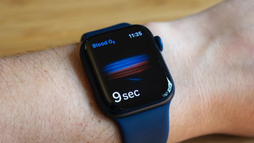 Photo of an Apple Watch Series 6 with "9 sec" on its screen as it measures the wearer’s blood-oxygen levels.